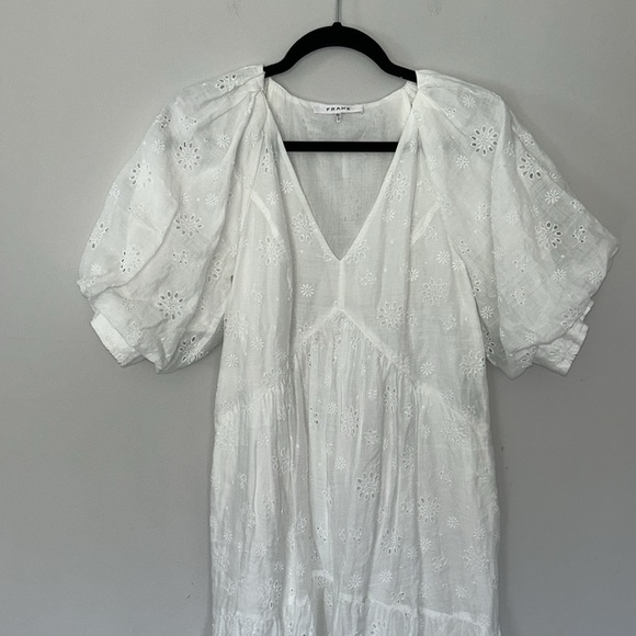 Frame Broderie Anglaise Ramie Puff Sleeve Midi Eyelet Dress in White - Picture 8 of 16